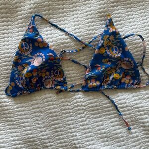 Skatie Blue Floral Peace Sign Triangle Bikini Top